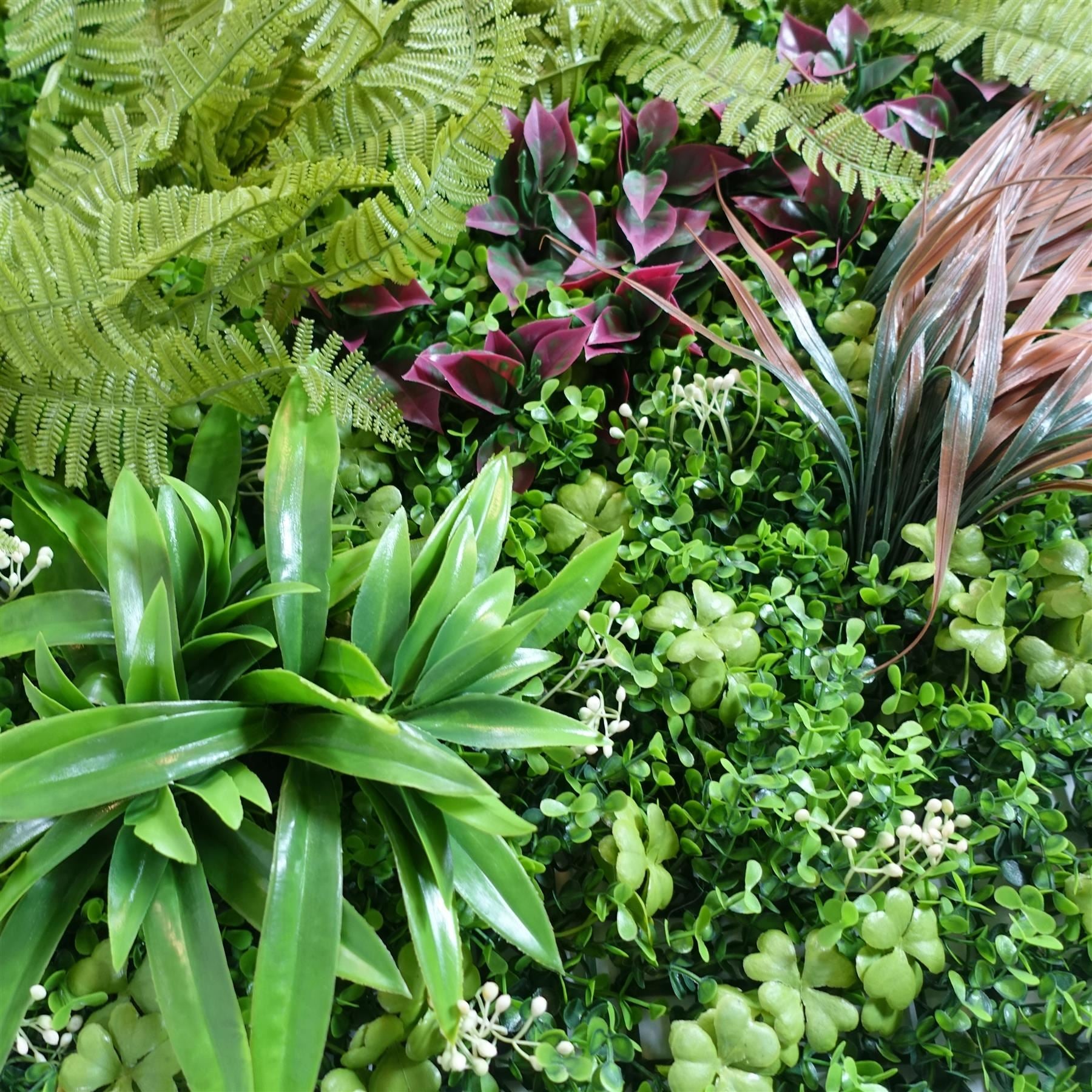 100cm Artificial Fern & Mixed Foliage Green Wall Panel with Burgundy and Grass Accents - Premium Quality