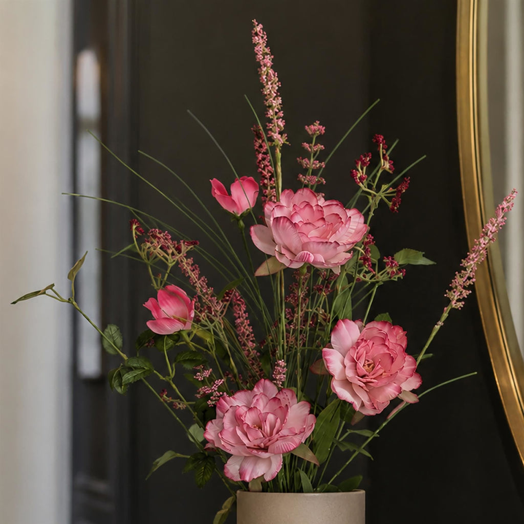 Faux Pink Peony and Wildflower Bunches, 52cm Ready-Made Bouquets - Set of 6