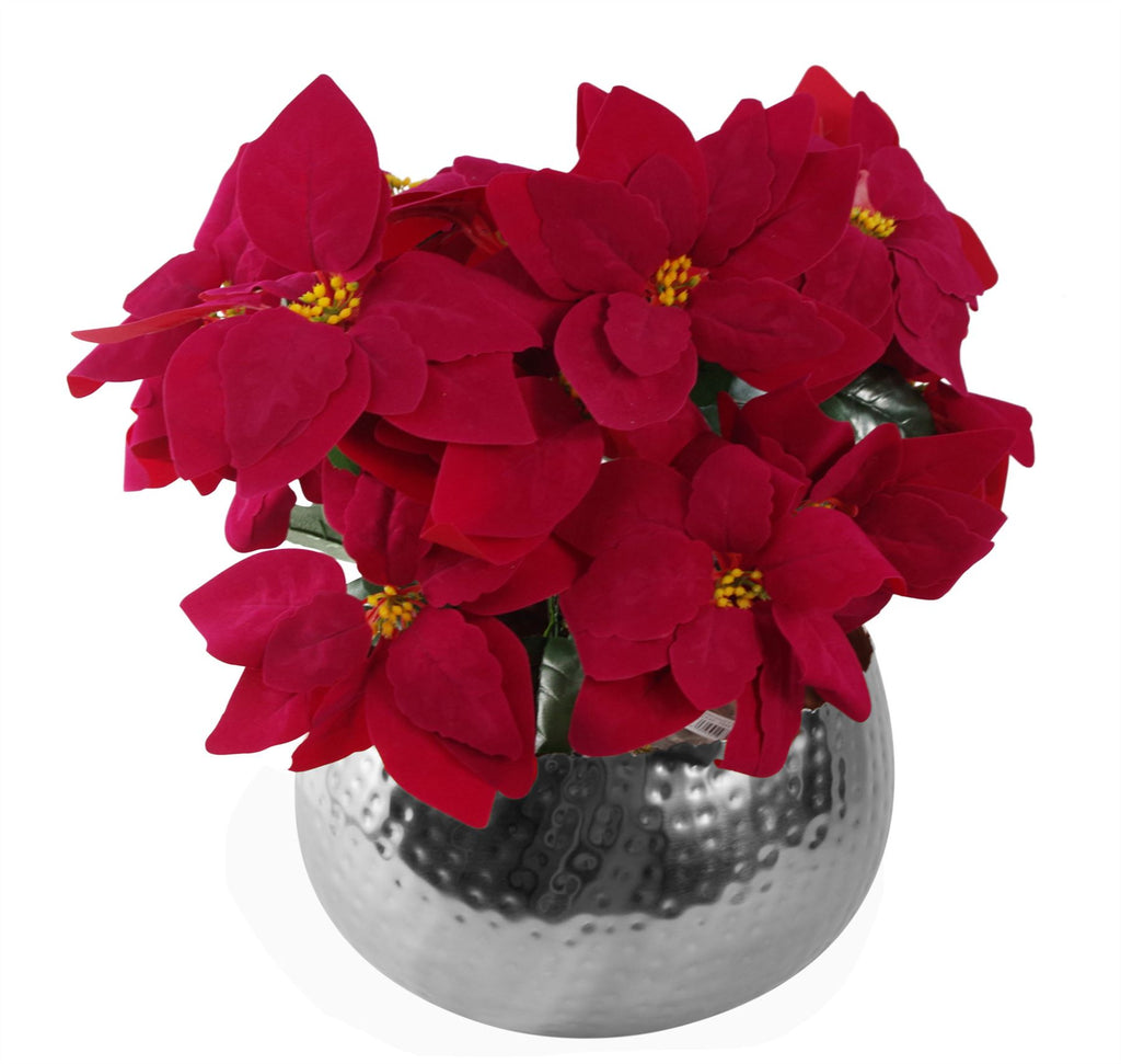 Pack of Artificial Christmas Xmas Poinsettias in a Large Metal Planter