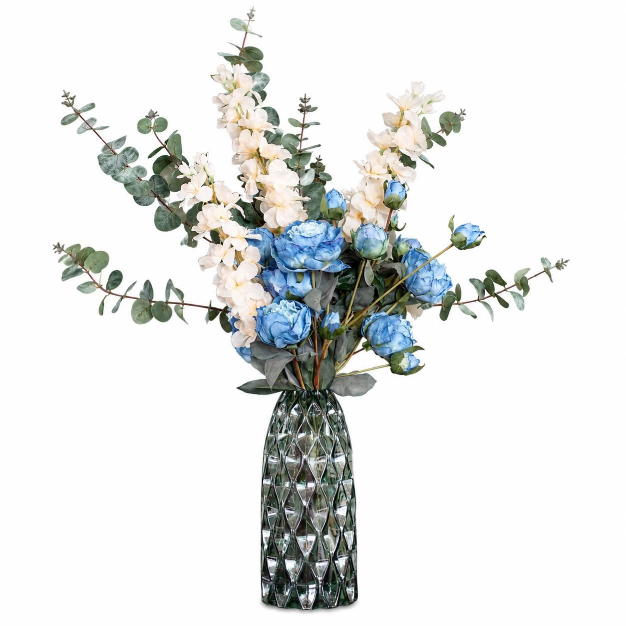 80cm Artificial Blue Peony White Delphinium Eucalyptus Glass Vase - Premium Quality