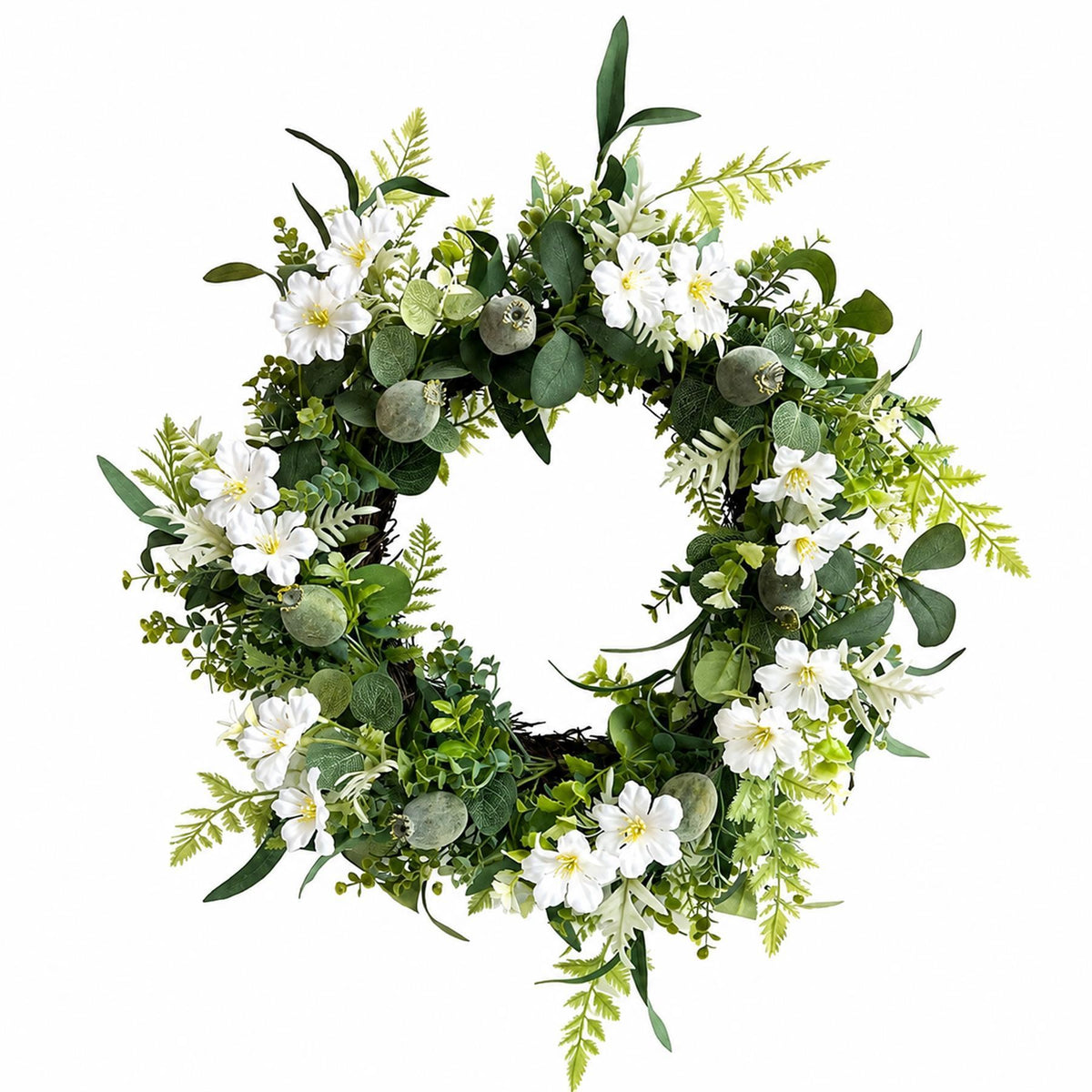 White Spring Faux Flower Wreath and Garland Set, 50cm Door Wreath with 155cm Garland