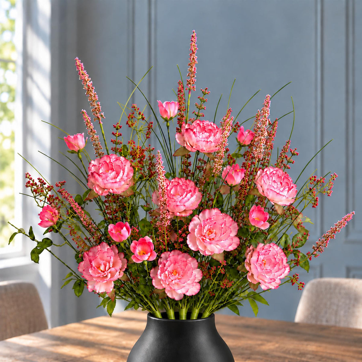 Faux Pink Peony and Wildflower Bunches, 52cm Ready-Made Bouquets - Set of 6