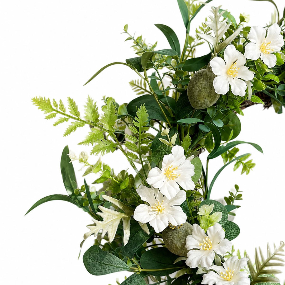 White Faux Spring Flower Door Wreath, 50cm with Eucalyptus Buds