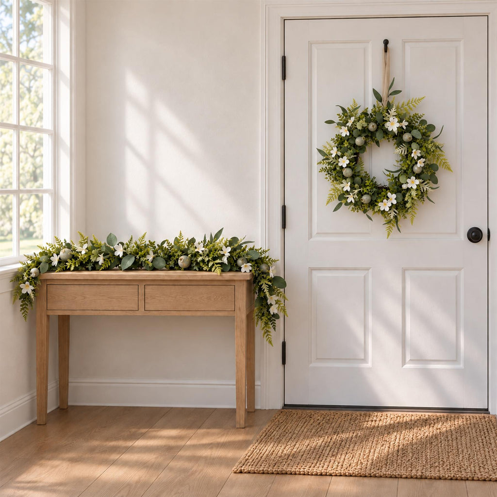White Spring Faux Flower Wreath and Garland Set, 50cm Door Wreath with 155cm Garland
