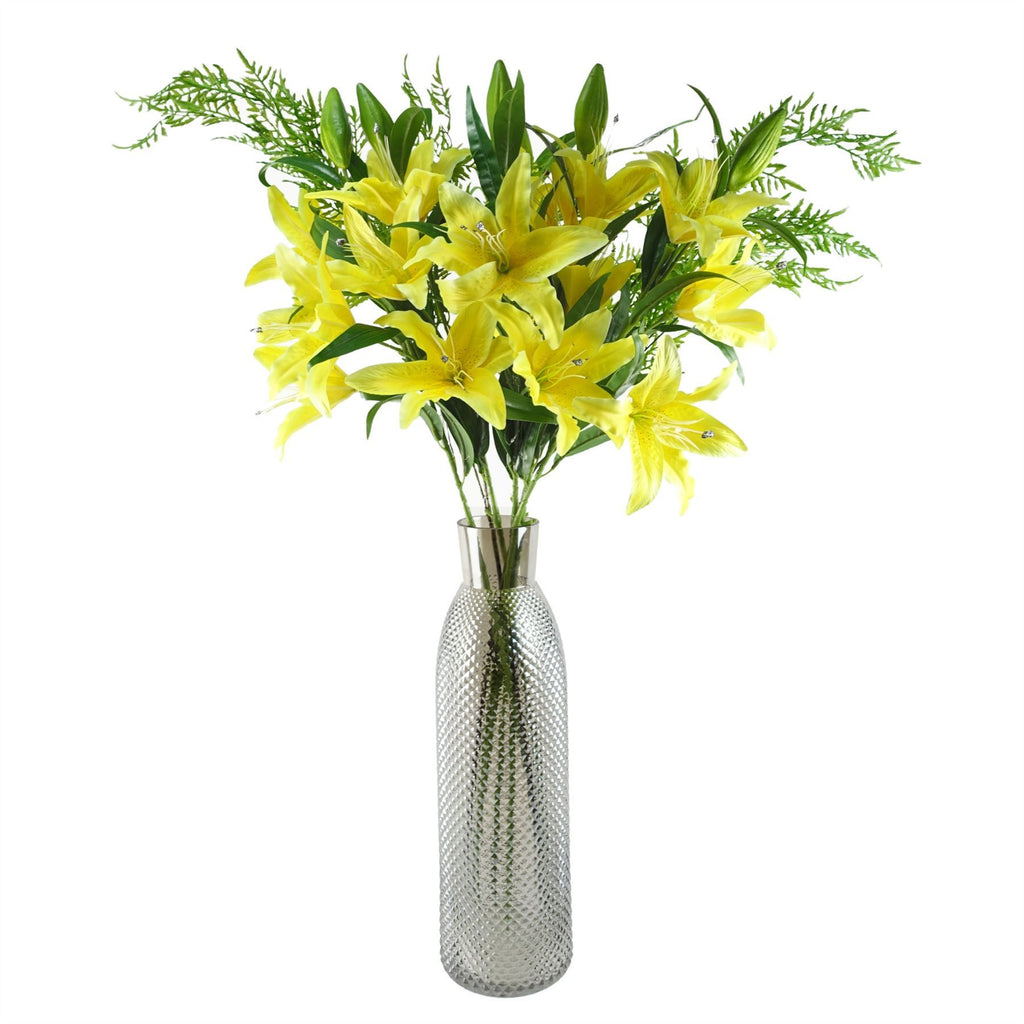 100cm Artificial Yellow Lily and Fern Display Glass Vase - Premium Quality
