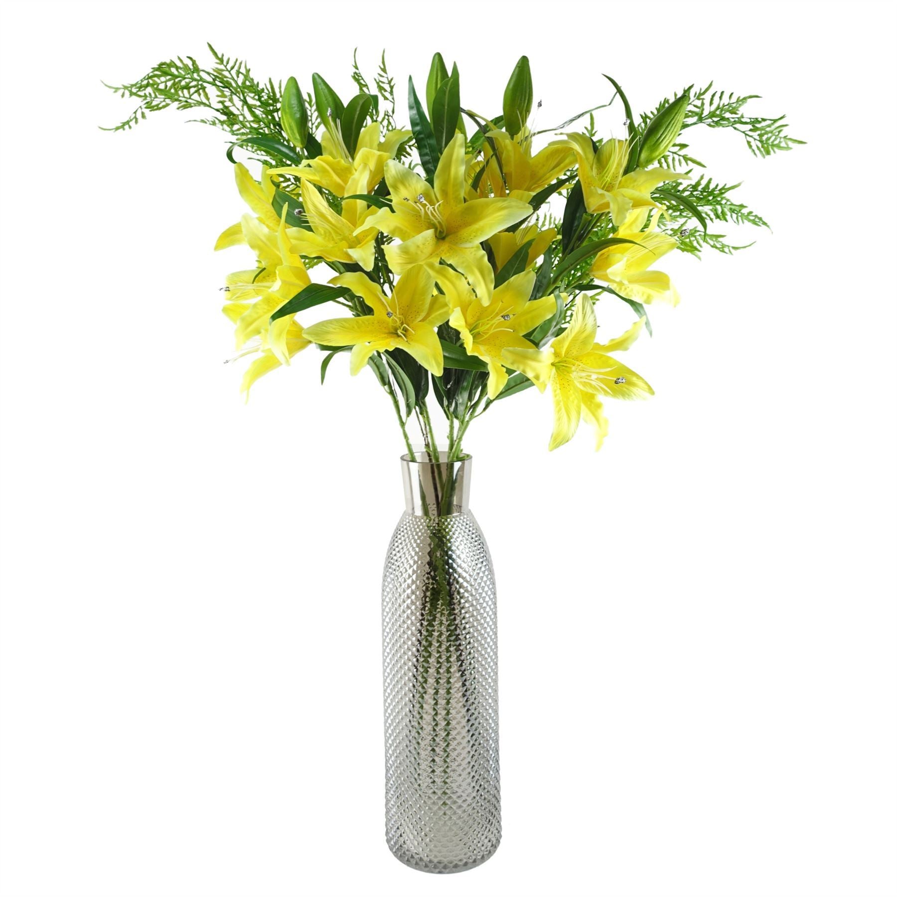 100cm Artificial Yellow Lily and Fern Display Glass Vase - Premium Quality