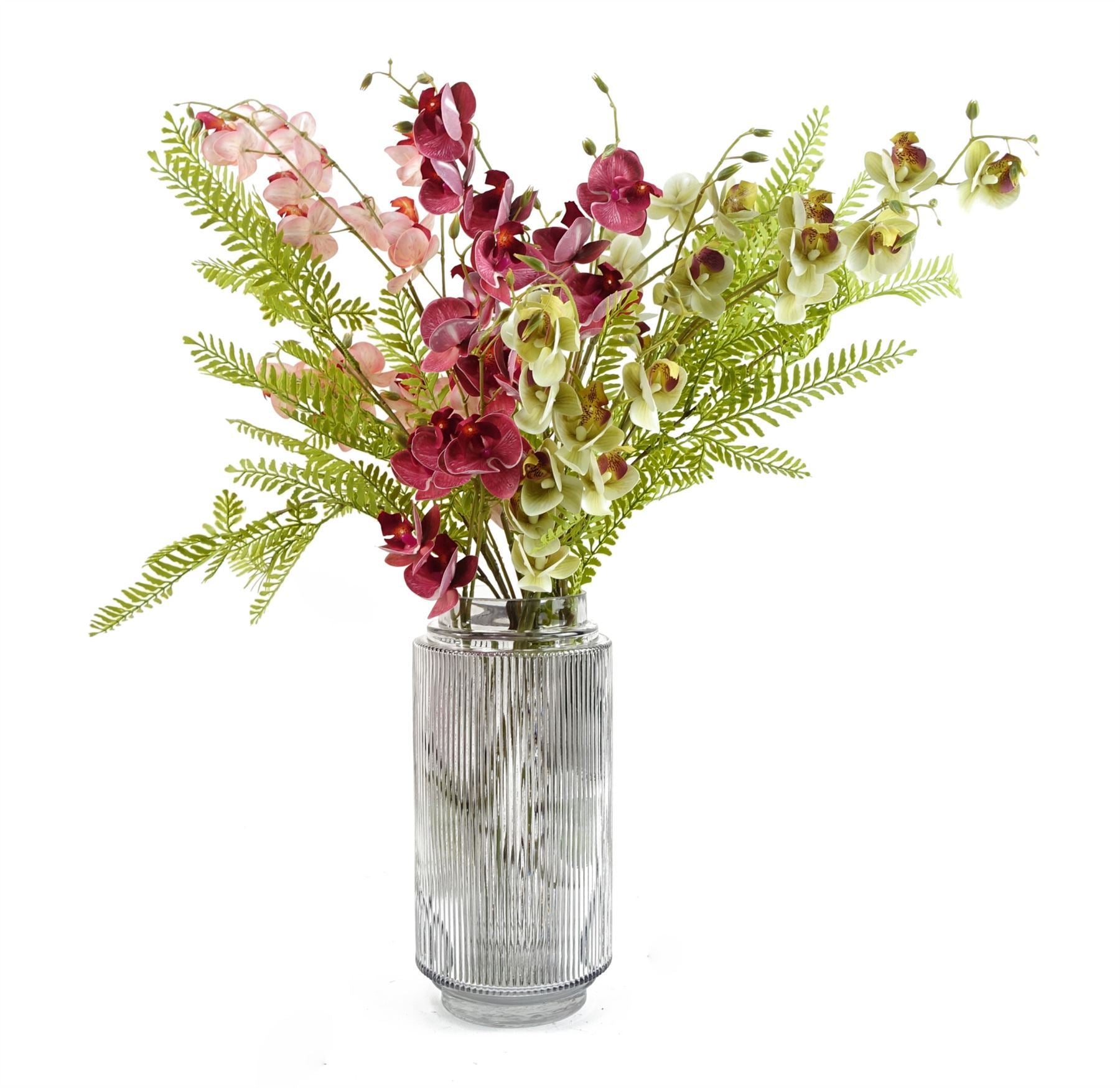 65cm Artificial Mixed Wild Orchid and Ferns Glass Vase - Premium Quality