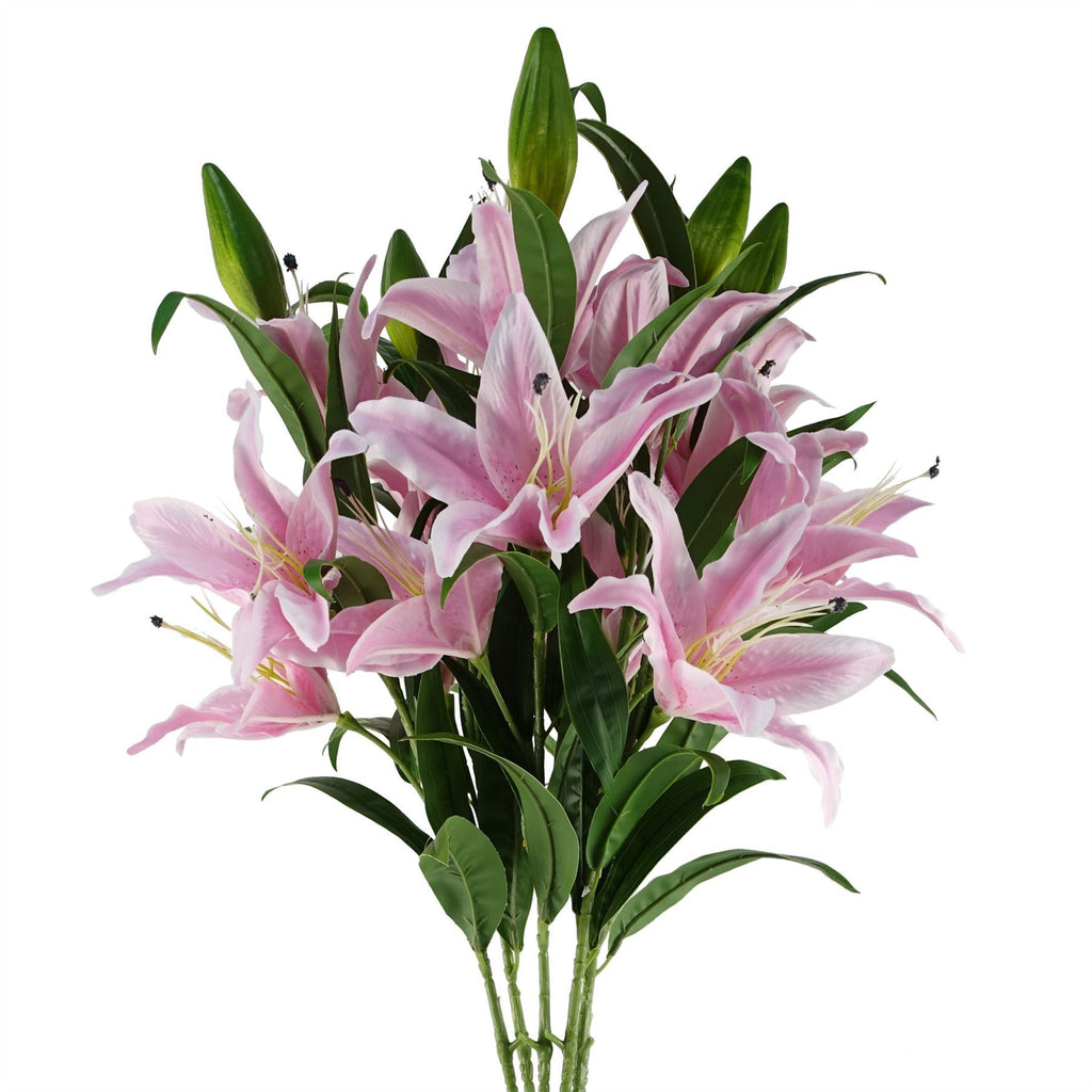 Artificial Pack of 6 x 100cm Large Pink Lily Stem - 18 Flowers - Premium Quality