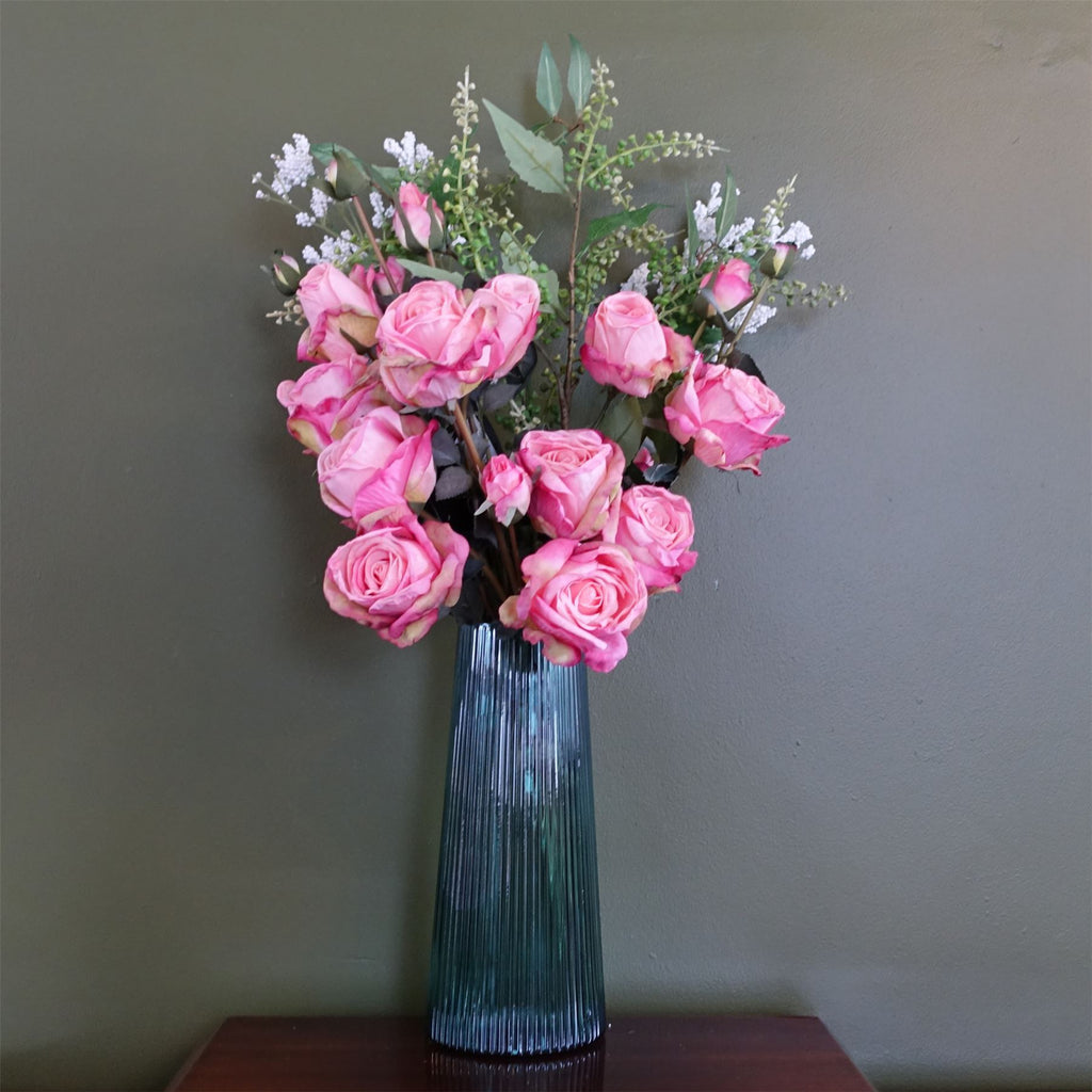 60cm Pink Rose Artificial Flower Display Glass Vase - Premium Quality