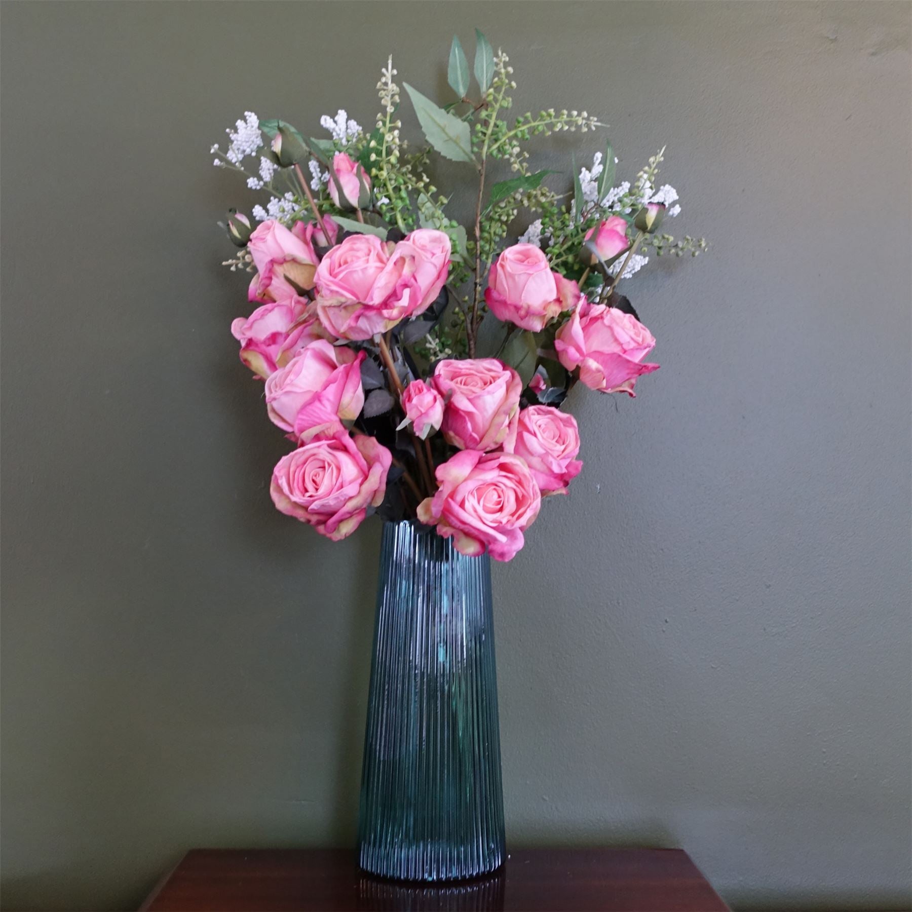 60cm Pink Rose Artificial Flower Display Glass Vase - Premium Quality