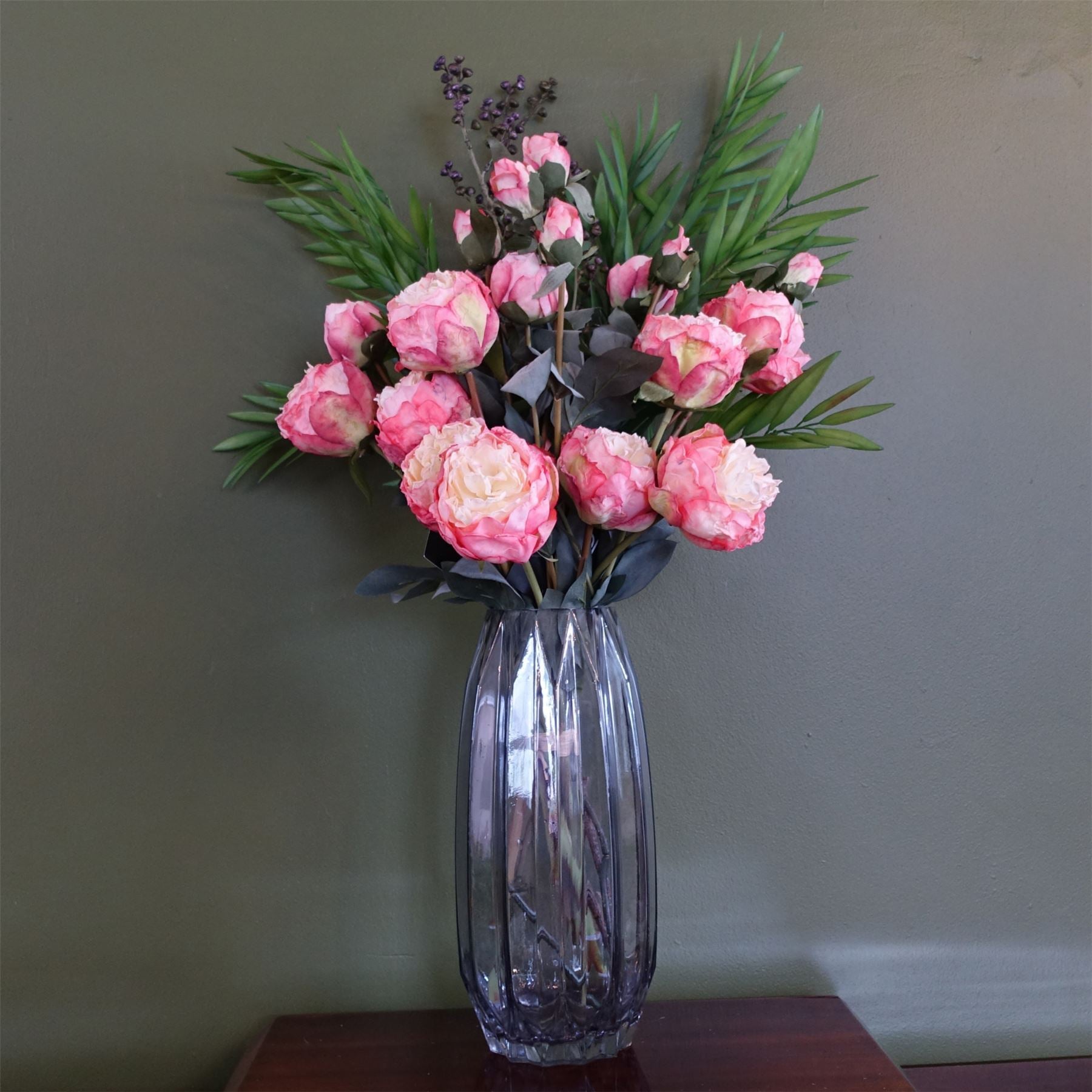 85cm Geometric Glass Vase Pink Peony and Berry Artificial Flowers - Premium Quality