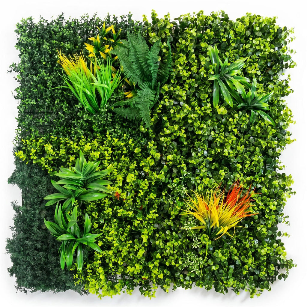 100cm Artificial Mixed Green Foliage Wall Panel with Ferns and Yellow Grass Accents - Premium Quality
