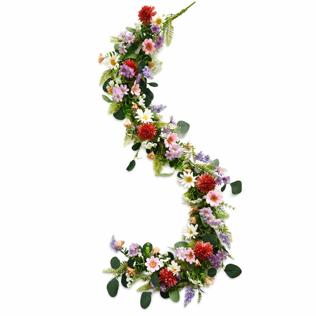 Pink Meadow Wildflower Faux Garland, 155cm with Daisies and Eucalyptus Leaves