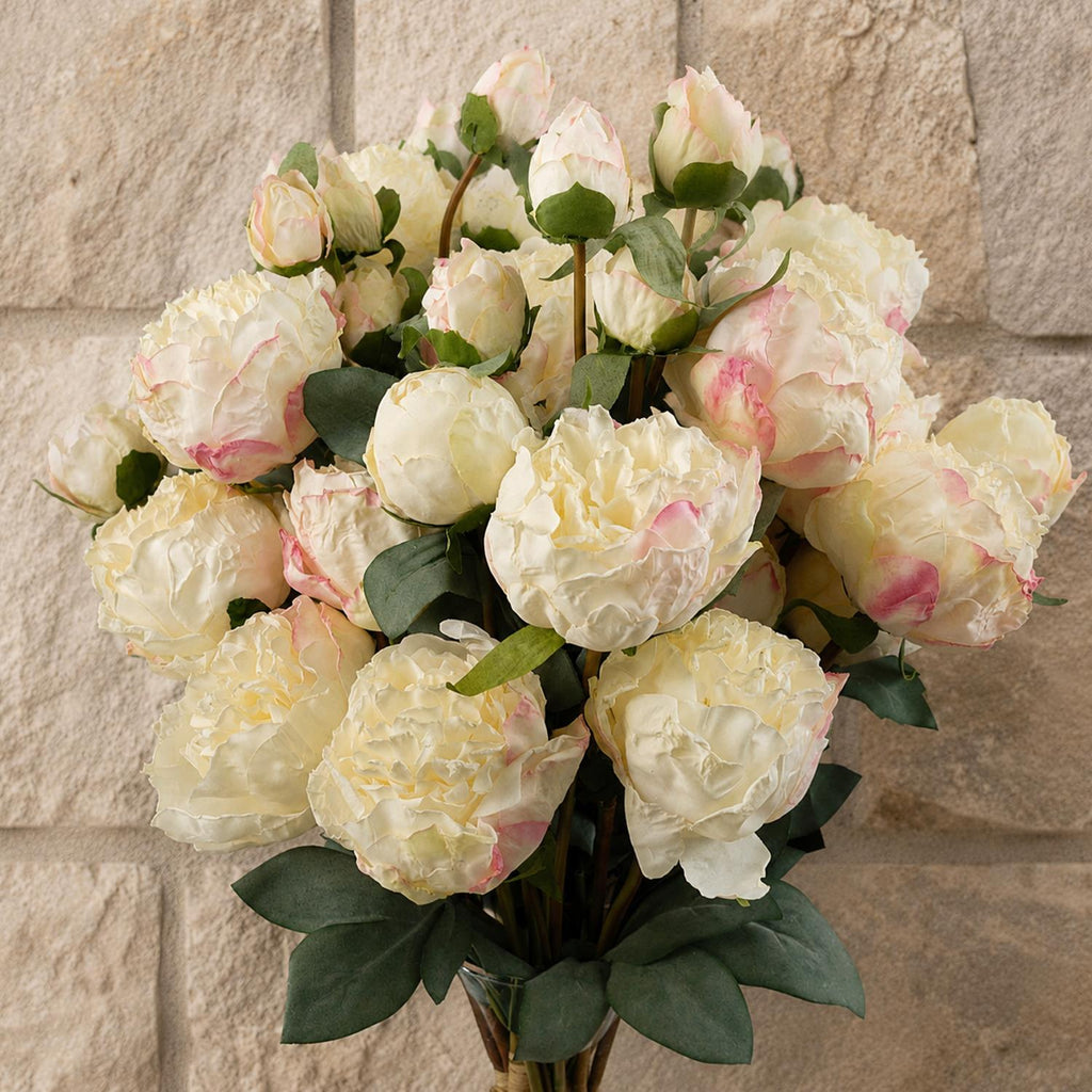 6 x 55cm Cream Peony Artificial Flower Stems - 24 flowers 18 buds - Premium Quality