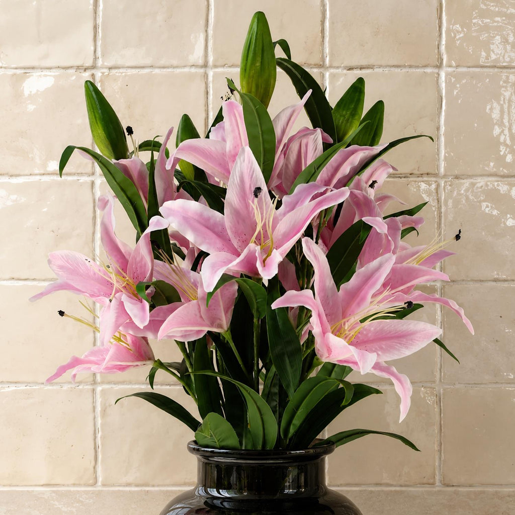 Pack of 6 x 100cm Large Pink Lily Stem - 18 Flowers - Premium Quality