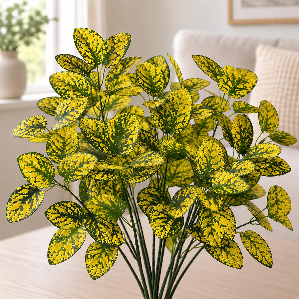 Yellow Variegated Faux Leaf Sprays, 30cm Bushy Foliage Stems - Set of 6