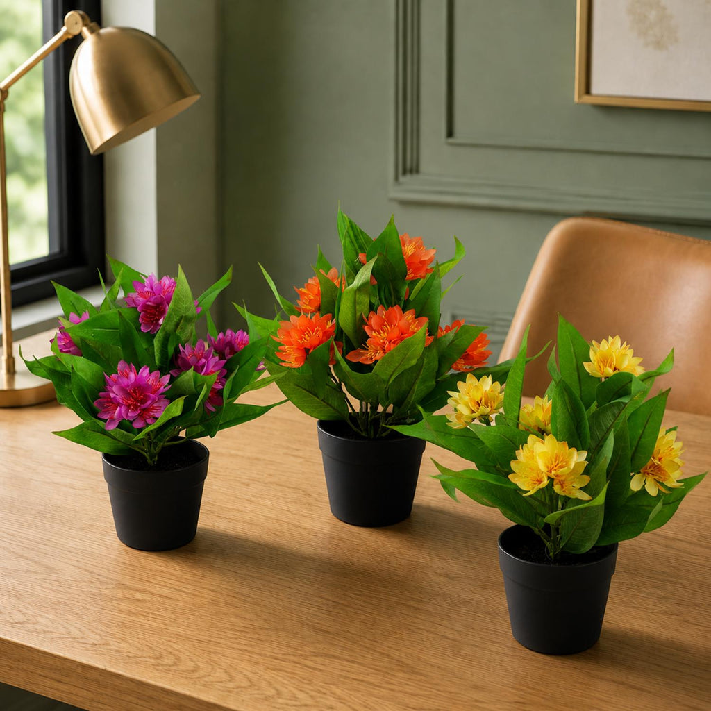 3x 18cm Artificial Freesia Plants Pink, Orange, Yellow Flowering - Premium Quality
