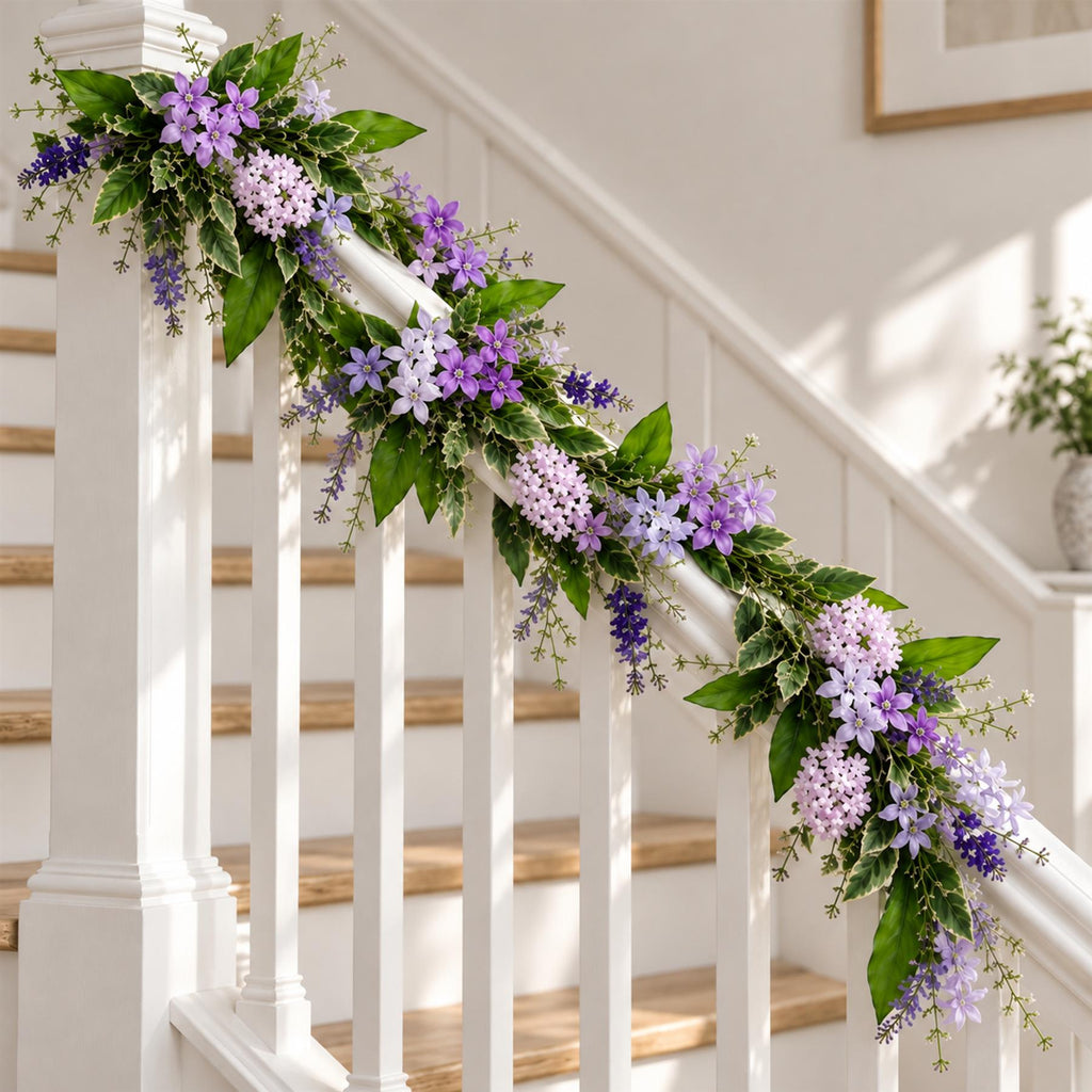 Long Lilac and Purple Faux Flower Garland, 185cm Floral Vine with Variegated Leaves