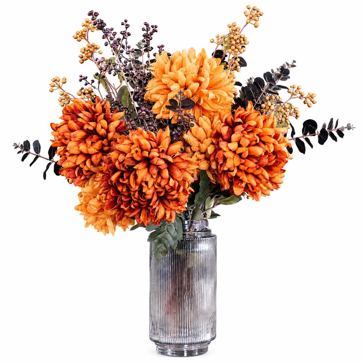 65cm Artificial Orange and Black Flower Arrangement Glass Vase - Premium Quality