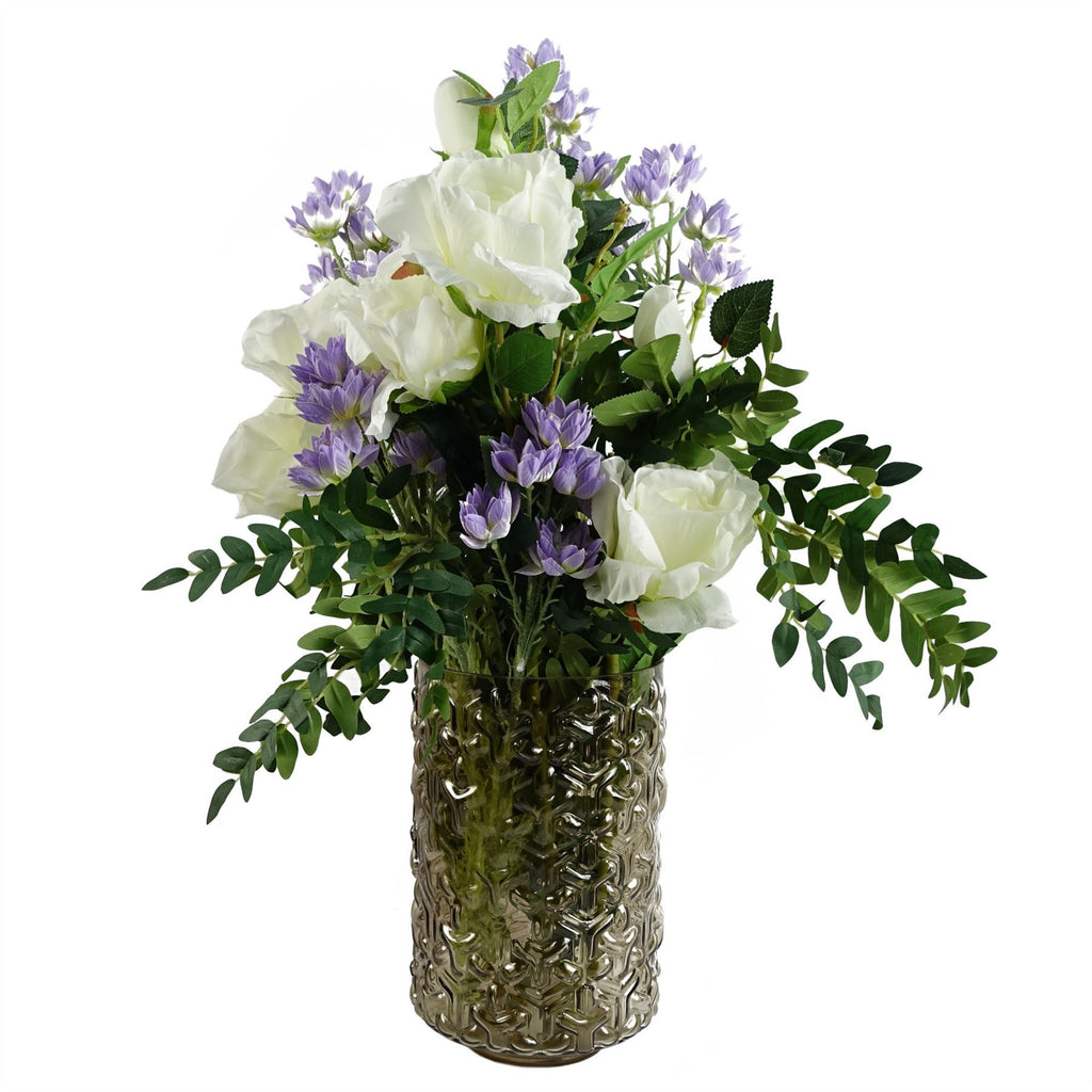 60cm Artificial White Rose Purple Starflower Display Glass Vase - Premium Quality