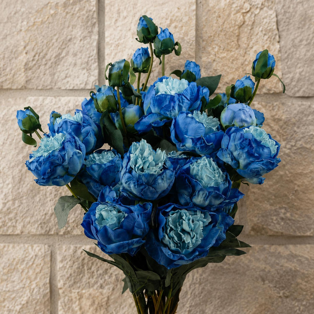 6 x 55cm Blue Peony Artificial Flower Stems - 24 flowers 18 buds - Premium Quality
