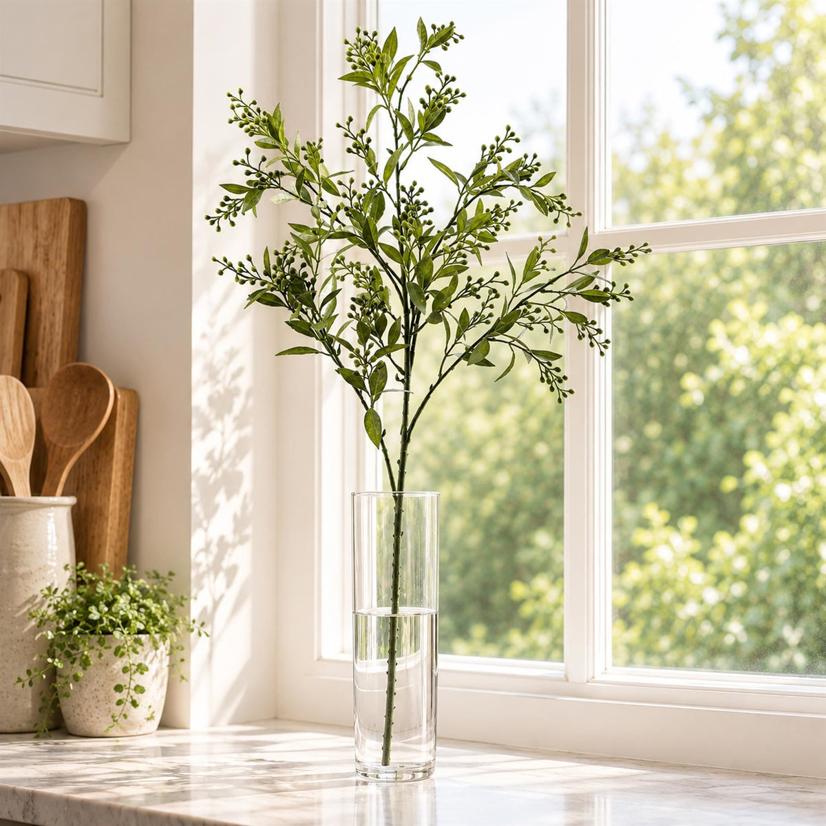 Faux Green Leaf and Seed Pod Foliage Sprays, 96cm Long - 6 Stems