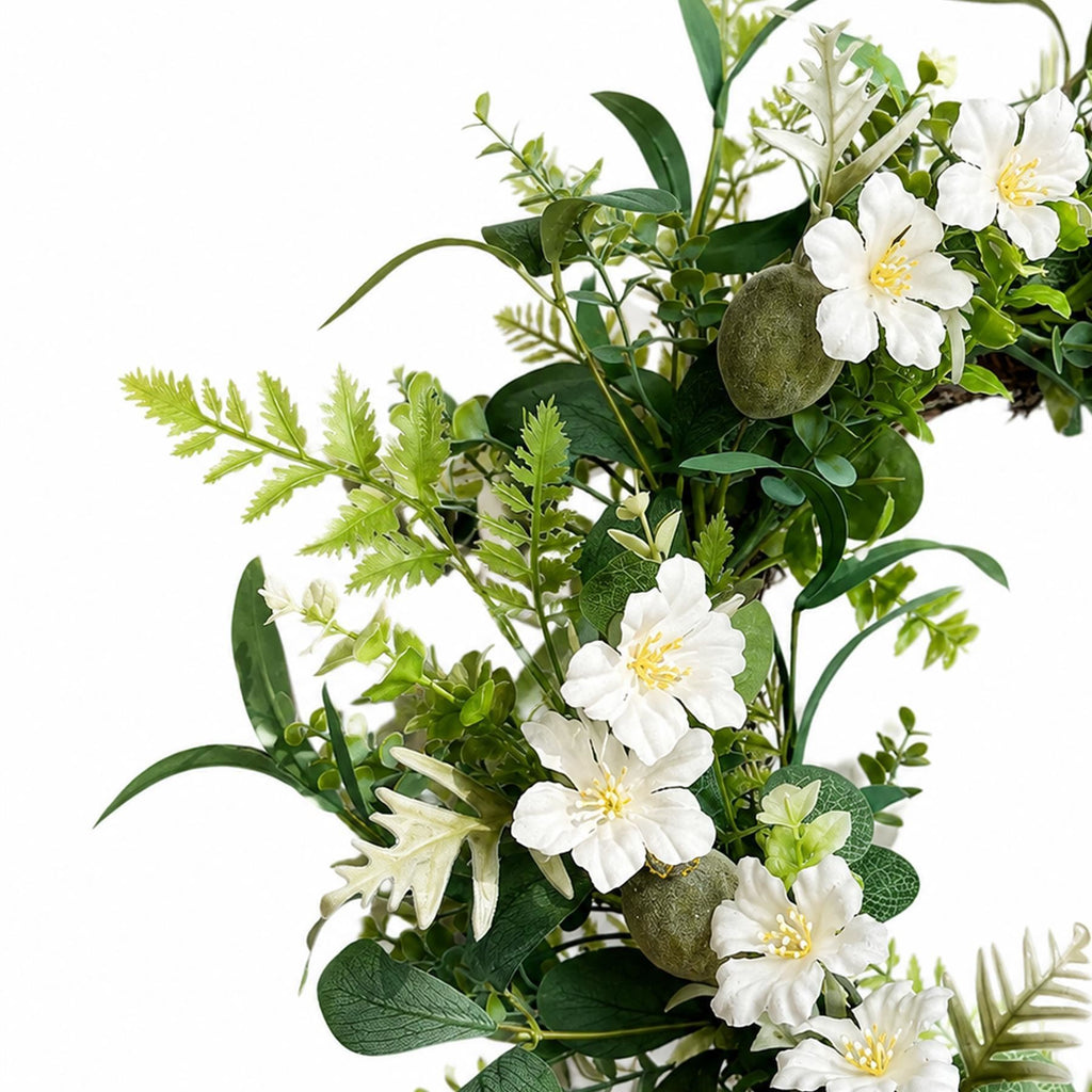 White Spring Faux Flower Wreath and Garland Set, 50cm Door Wreath with 155cm Garland