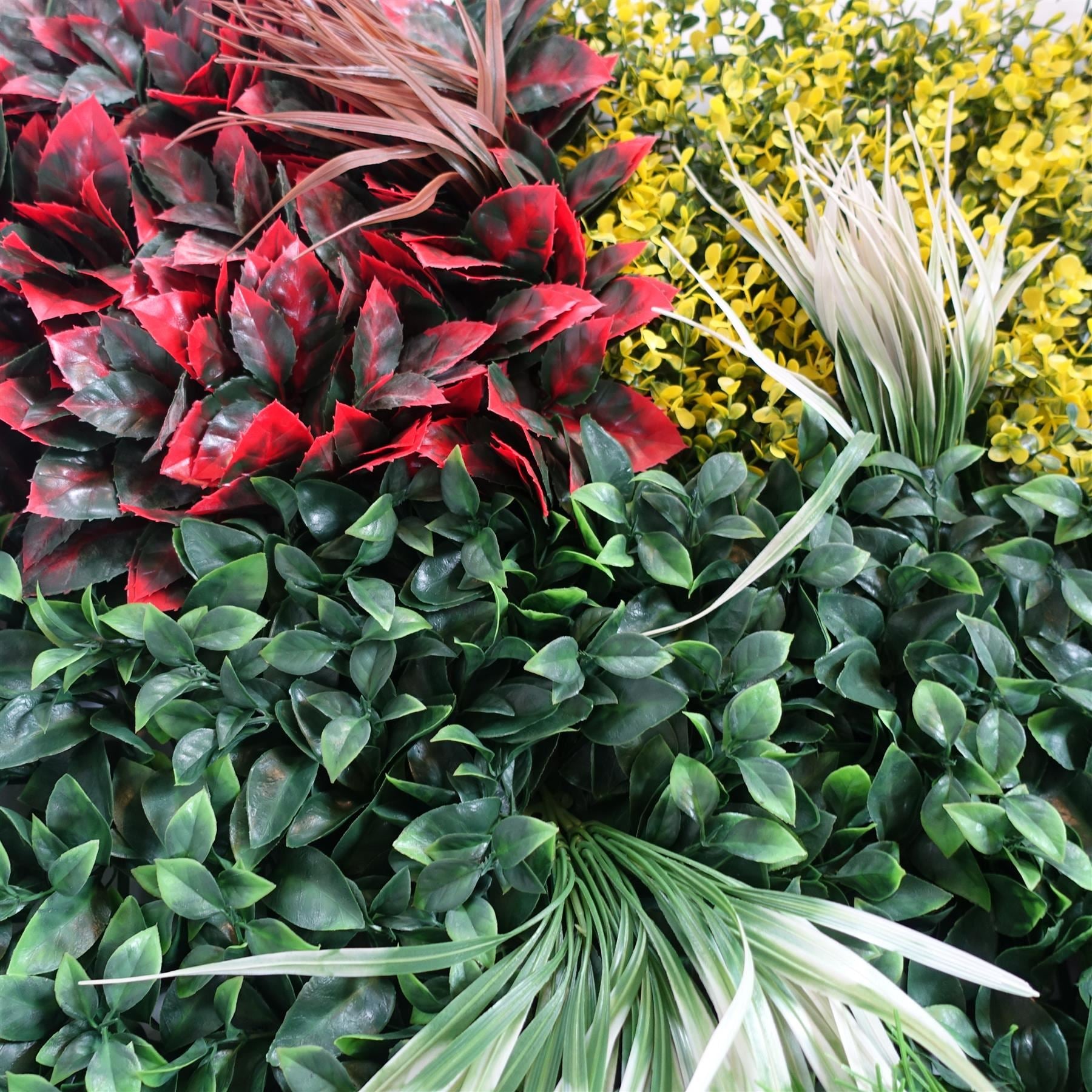 100cm Artificial Tropical Mixed Foliage Green Wall Panel with Red and Yellow Floral Detail - Premium Quality