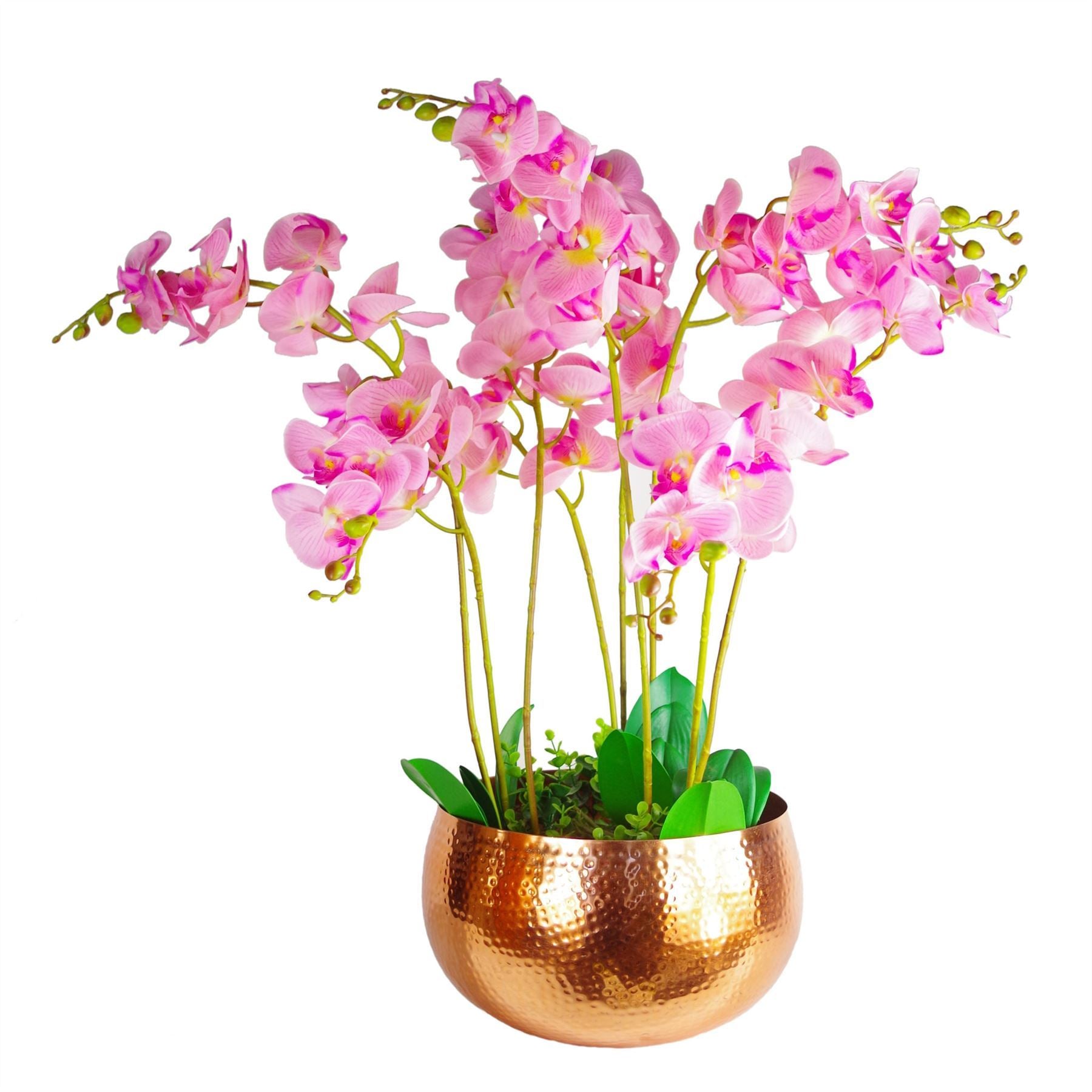 Large Artificial Orchids Display with XL Metal Bowl Planter 70x70cm - Premium Quality