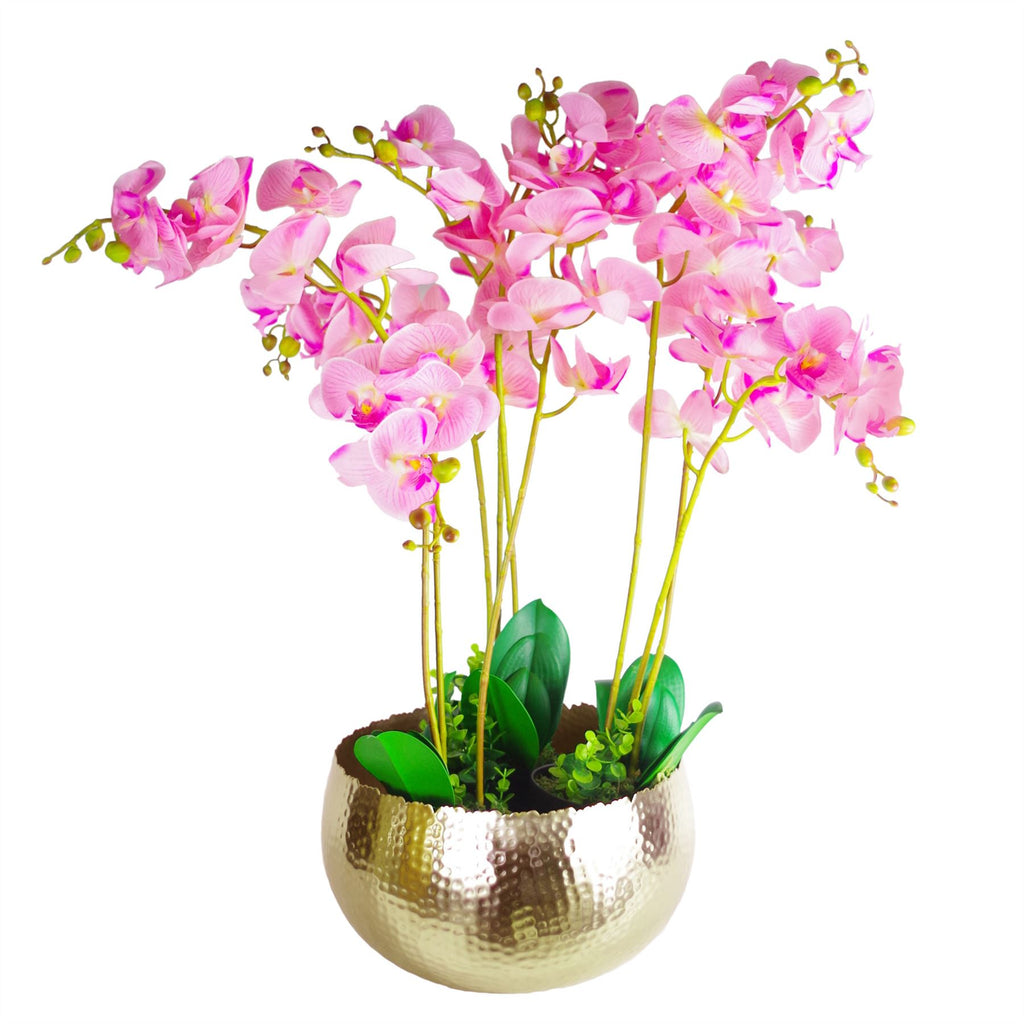Large Artificial Orchids Display with XL Metal Bowl Planter 70x70cm - Premium Quality