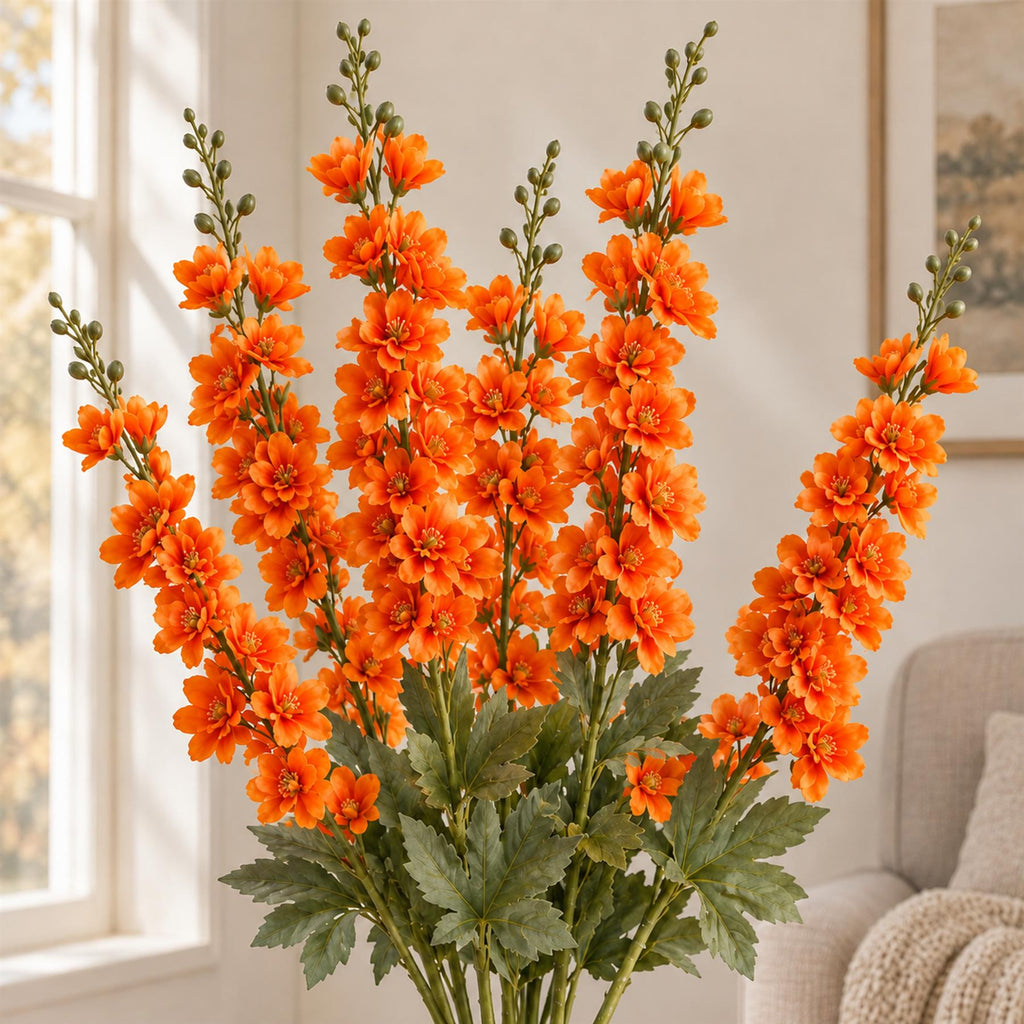 Faux Larkspur Flower Spikes, 85cm Tall Stems - Set of 6