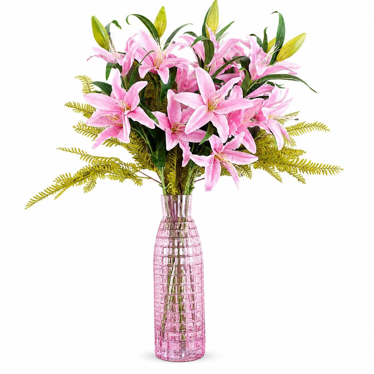 100cm Artificial Pink Lily and Fern Display Glass Vase - Premium Quality