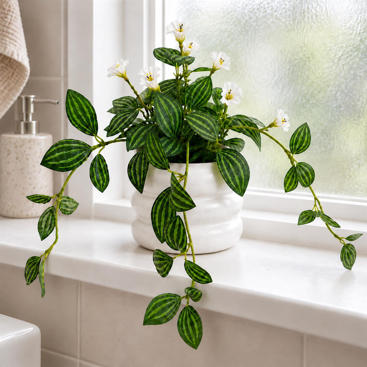 Faux Trailing Variegated Leaf Plant with Flowers, 45cm in White Pot