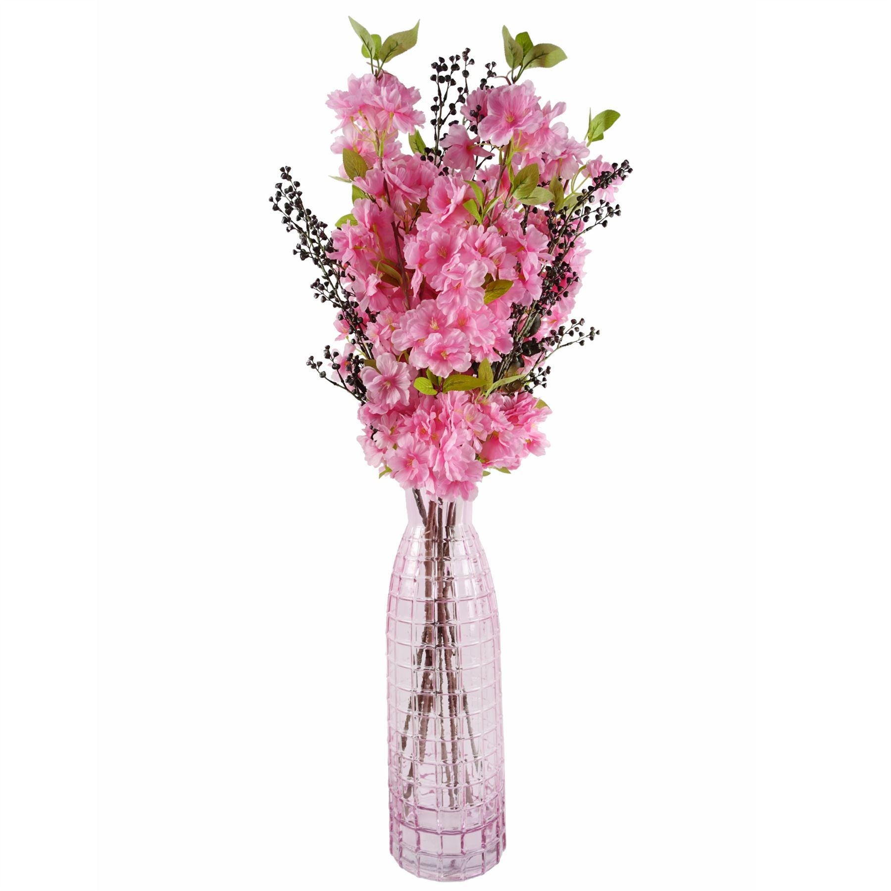 100cm Pink Artificial Blossom and Berries Glass Vase - Premium Quality