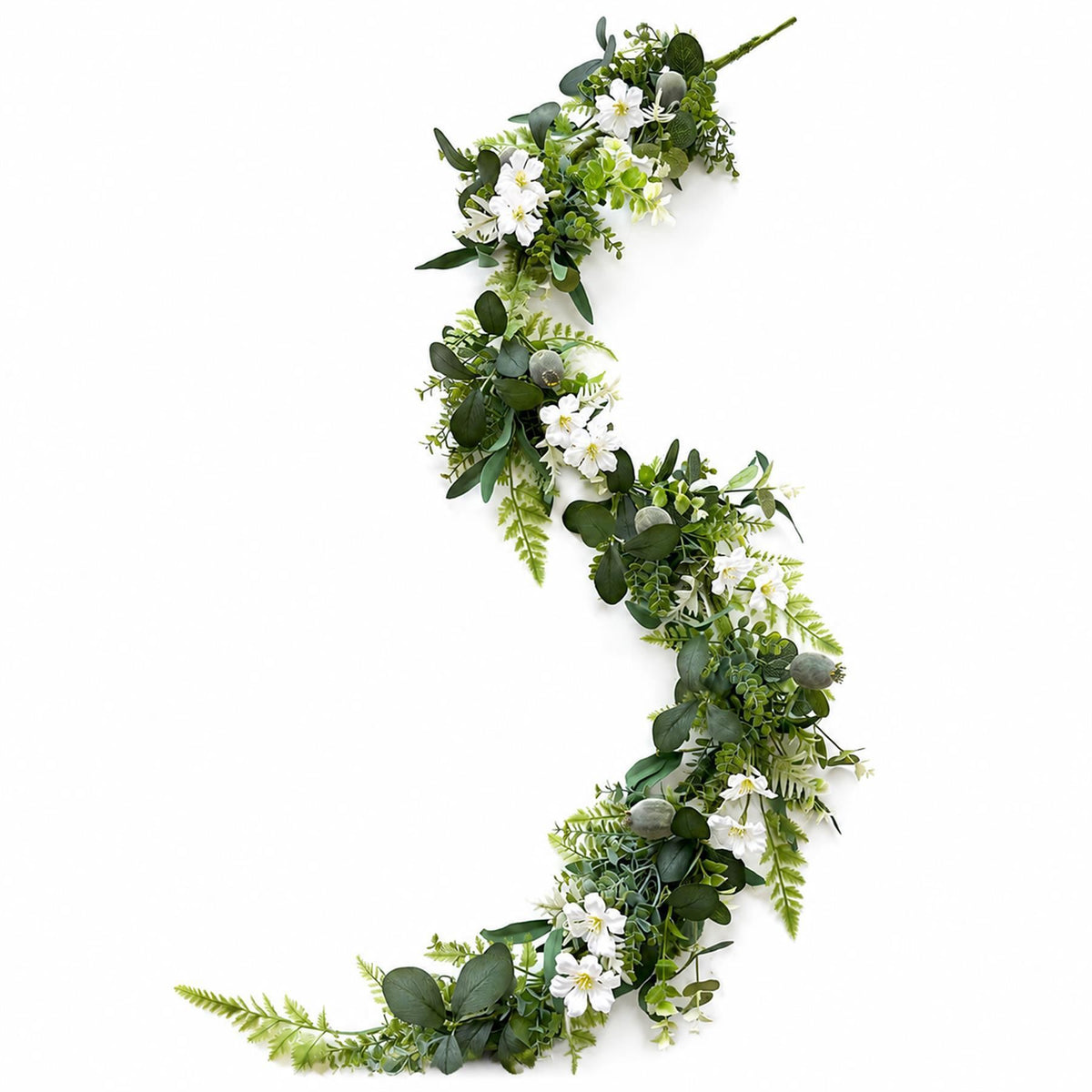 White Spring Faux Flower Wreath and Garland Set, 50cm Door Wreath with 155cm Garland
