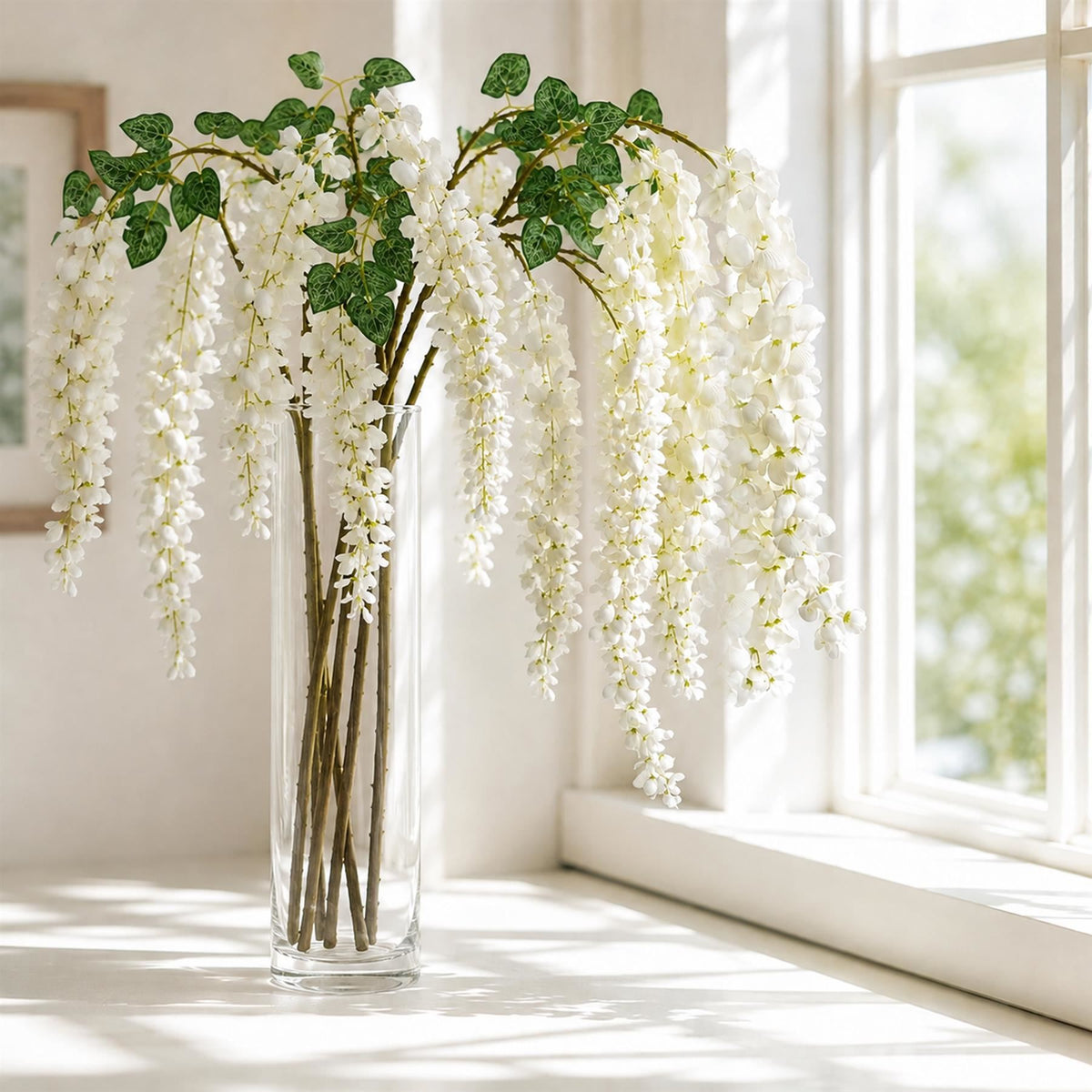 Set of 6 Faux White Wisteria Sprays, 110cm Long Cascading Flower Stems