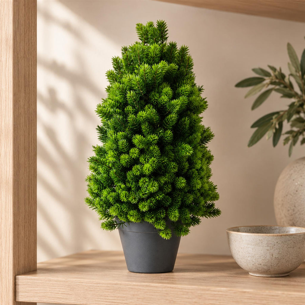 Faux Mini Pine Tree in Dark Pot, 34cm Tabletop Evergreen Plant