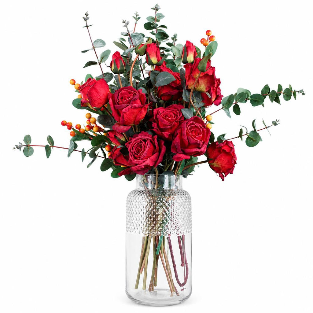 60cm Artificial Red Rose and Eucalyptus Glass Diamond Vase - Premium Quality
