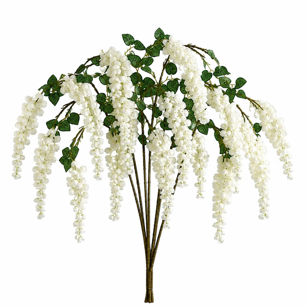 Set of 6 Faux White Wisteria Sprays, 110cm Long Cascading Flower Stems