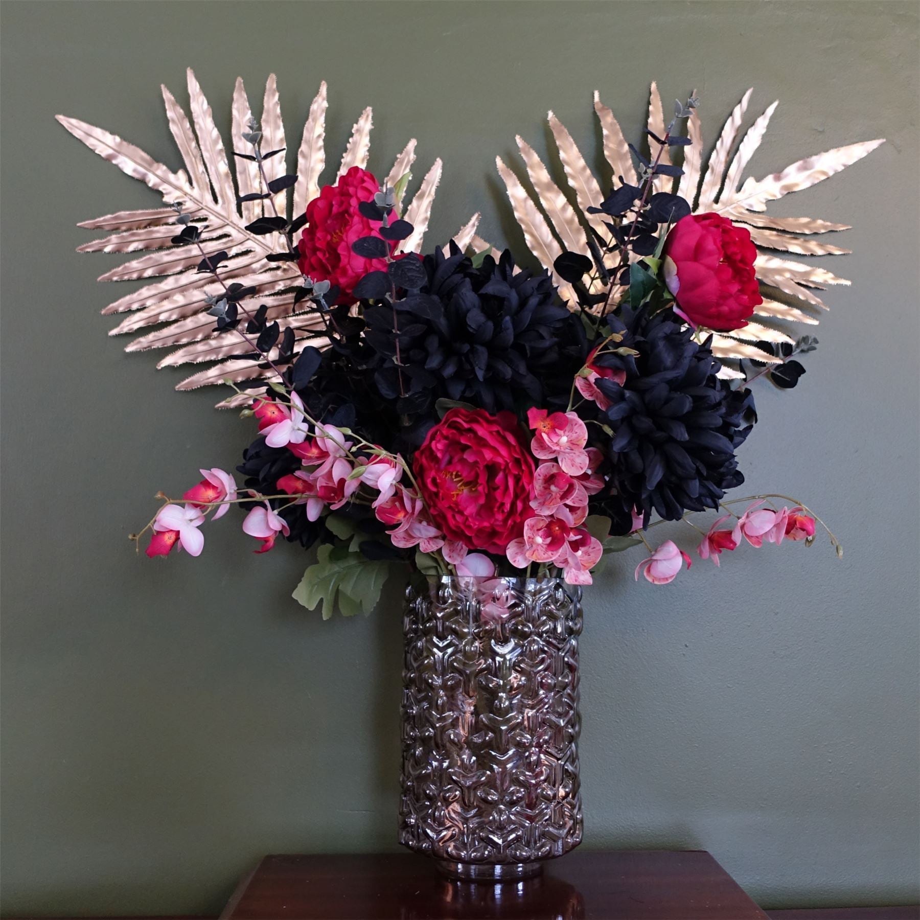80cm Artificial Gold Palm and Peony Glass Vase - Premium Quality