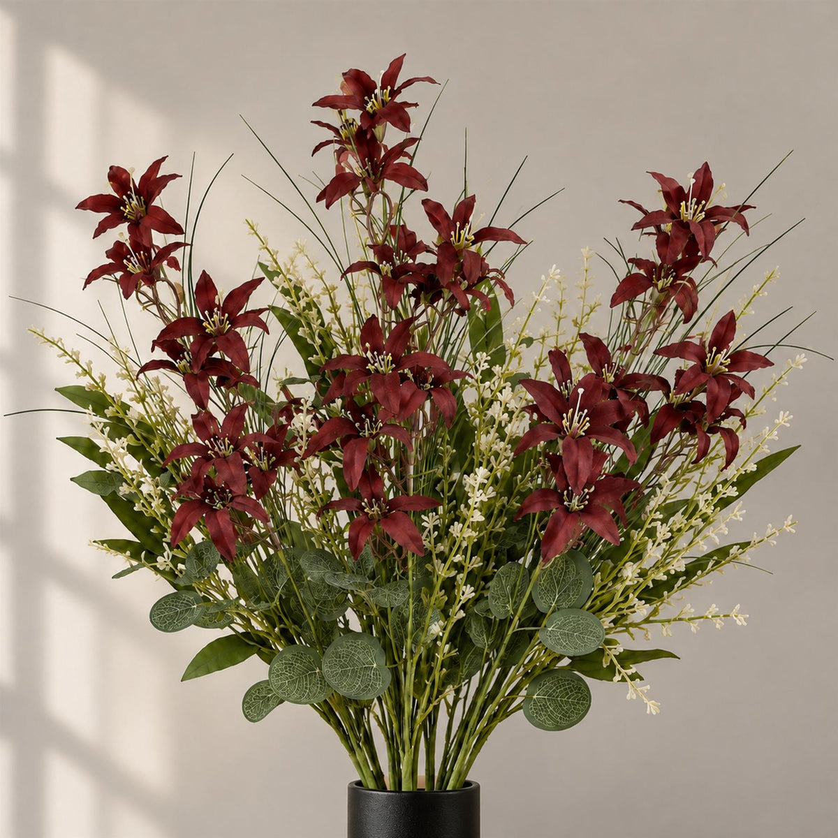 Burgundy Faux Lily Wildflower Bunches, 50cm Mixed Bouquets - Set of 6