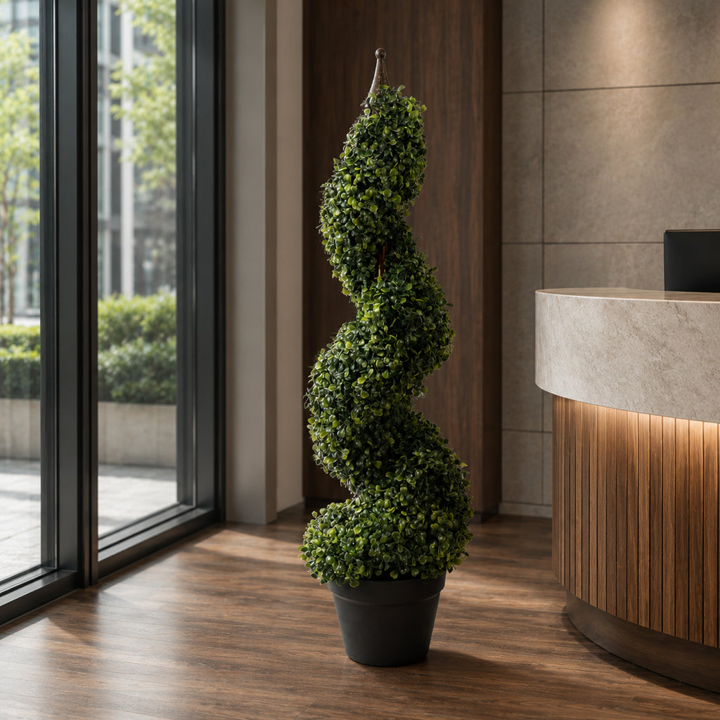 90cm (3ft) Tall Artificial Boxwood Tower Tree Topiary Spiral Metal Top