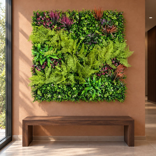 100cm Artificial Fern & Mixed Foliage Green Wall Panel with Burgundy and Grass Accents - Premium Quality