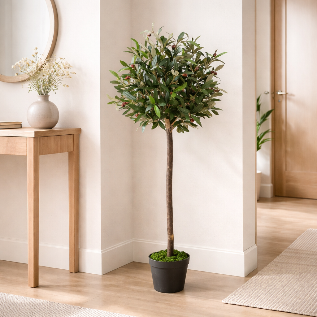 120cm Leaf Design UK Realistic Artificial Olive Tree in Black Plastic Pot