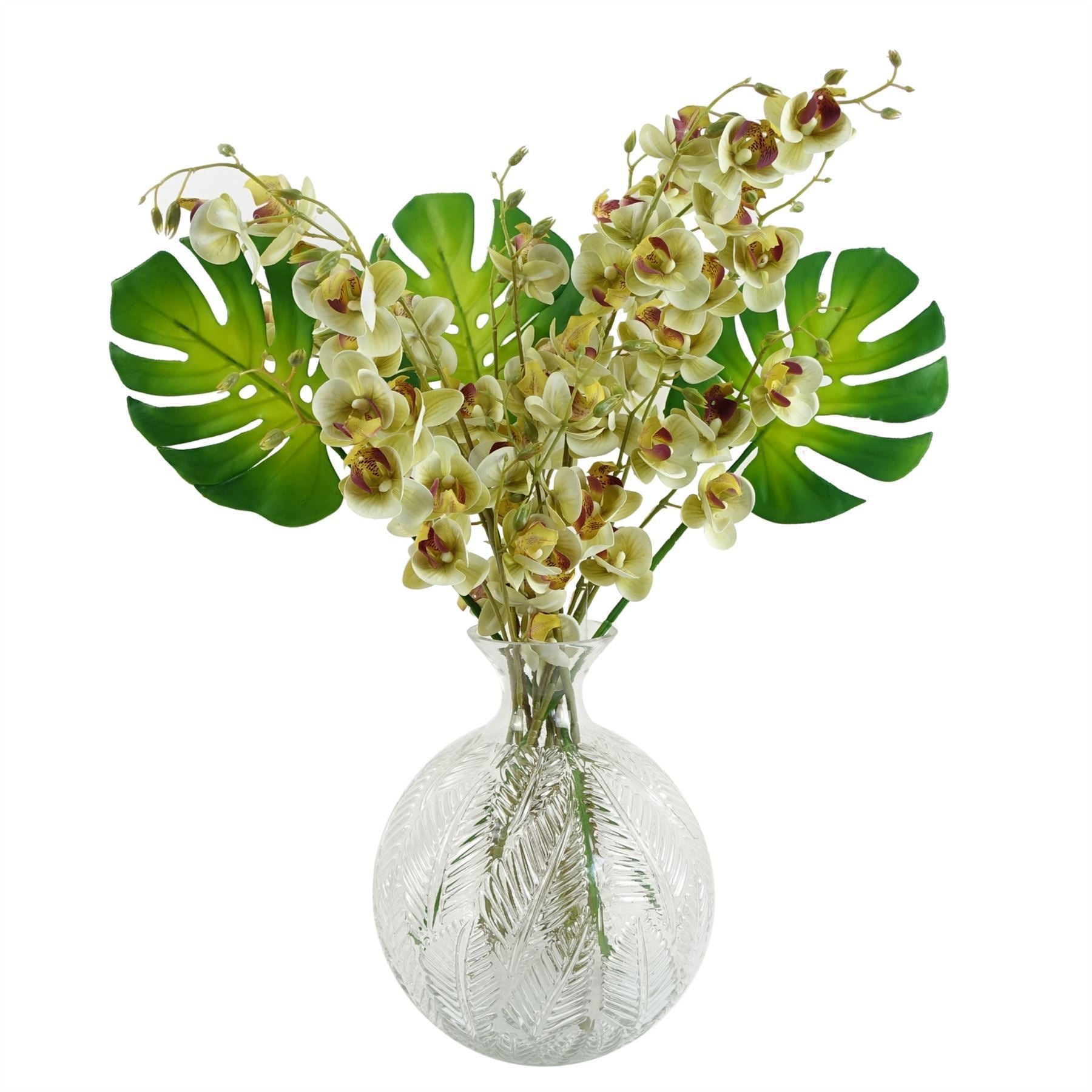 65cm Artificial Tropical Orchid Display with Glass Ball Vase - Premium Quality