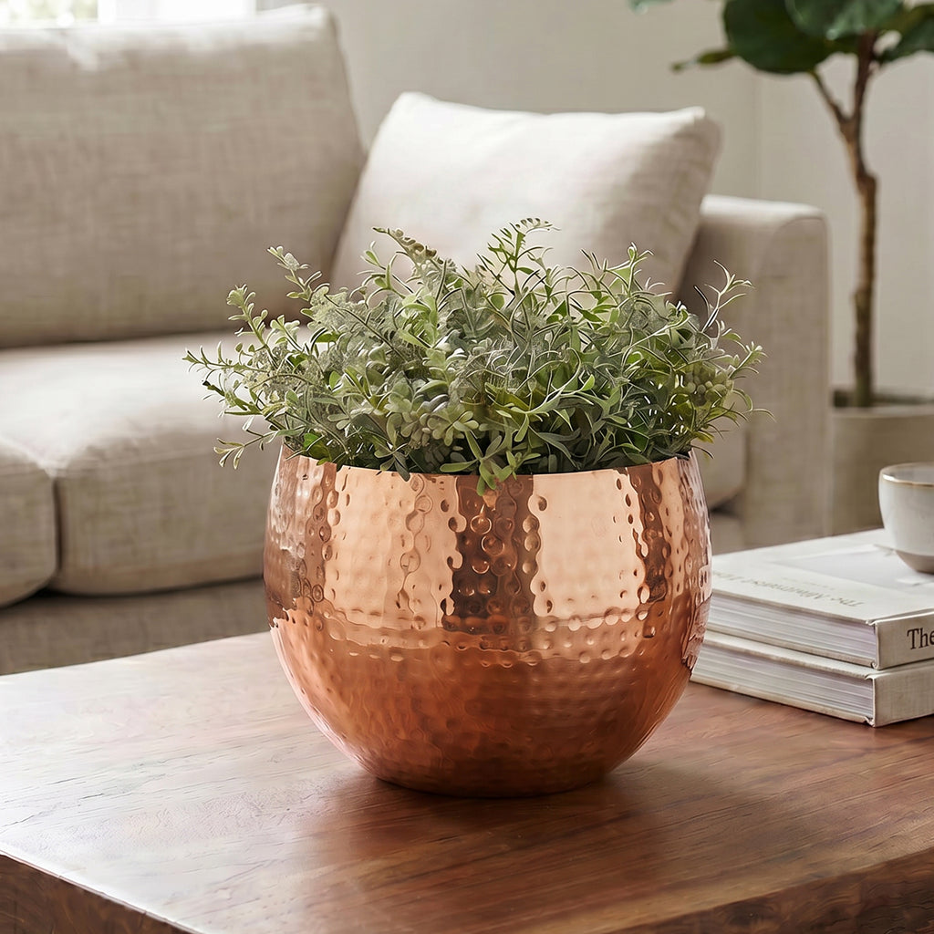 Large Metal Planter 22 x 18cm Hammered Copper Colour Straight Edge