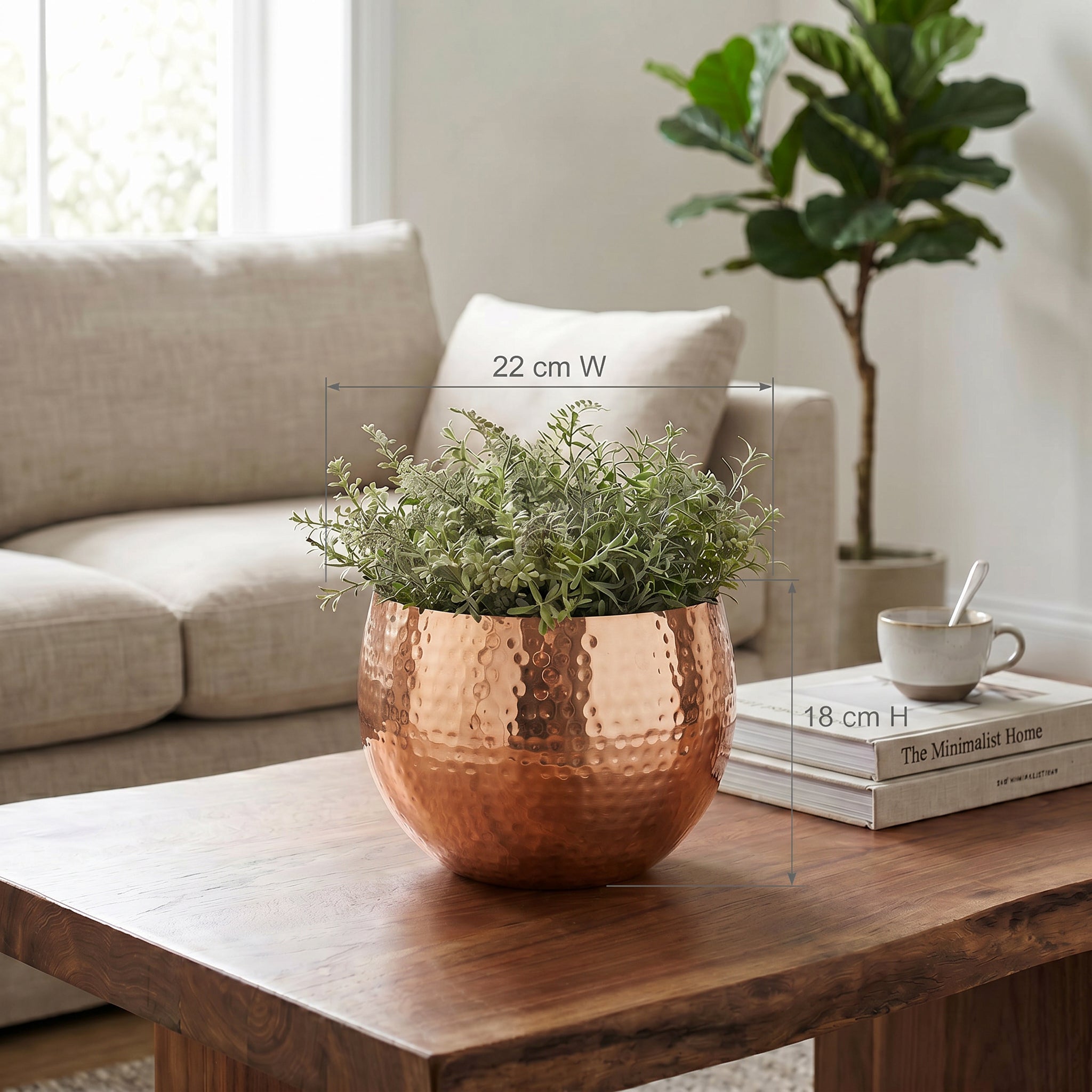 Large Metal Planter 22 x 18cm Hammered Copper Colour Straight Edge