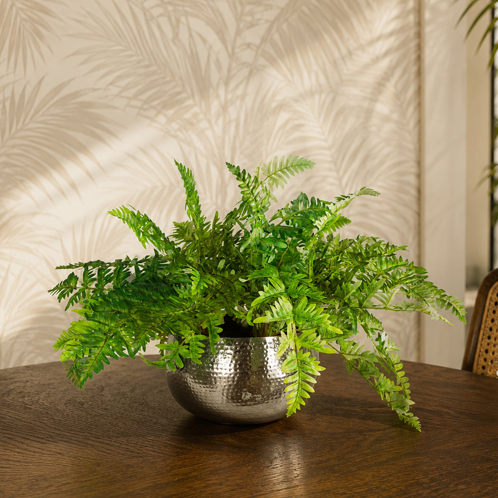 Large Artificial Ferns Display with XL Metal Silver Bowl Planter 50x65cm - Premium Quality