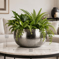 XL Metal Bowl Planter 32 x 20cm Hammered Silver Colour Straight Edge