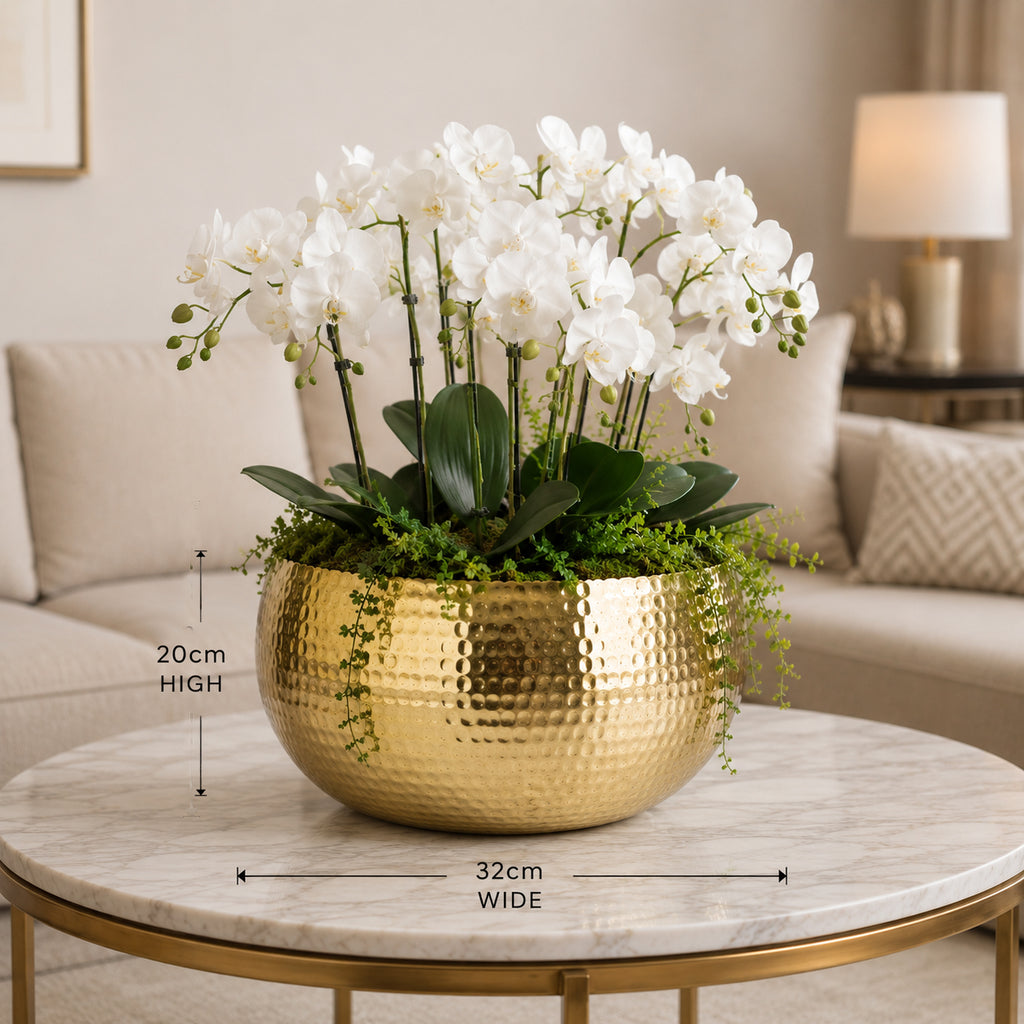 XL Metal Bowl Planter 32 x 20cm Hammered Gold Colour Curvy Edge